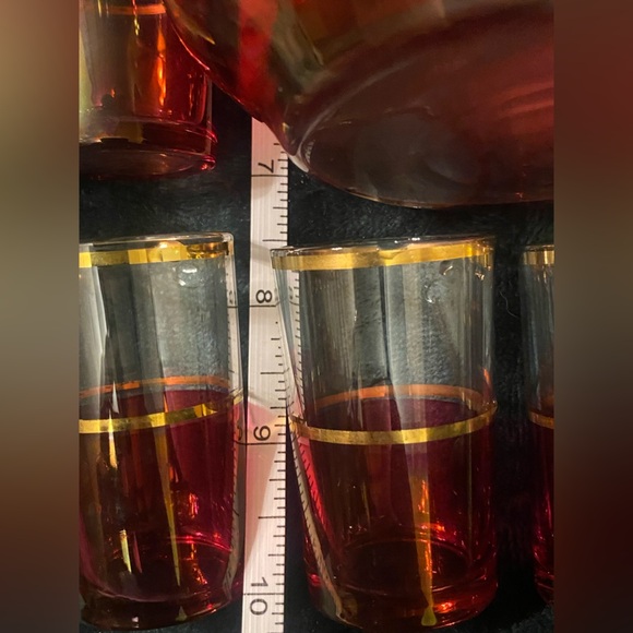 Vintage Elegant Cranberry Flash Gold Band Decanter Set 6 Cordials. Bohemia? - Picture 7 of 7